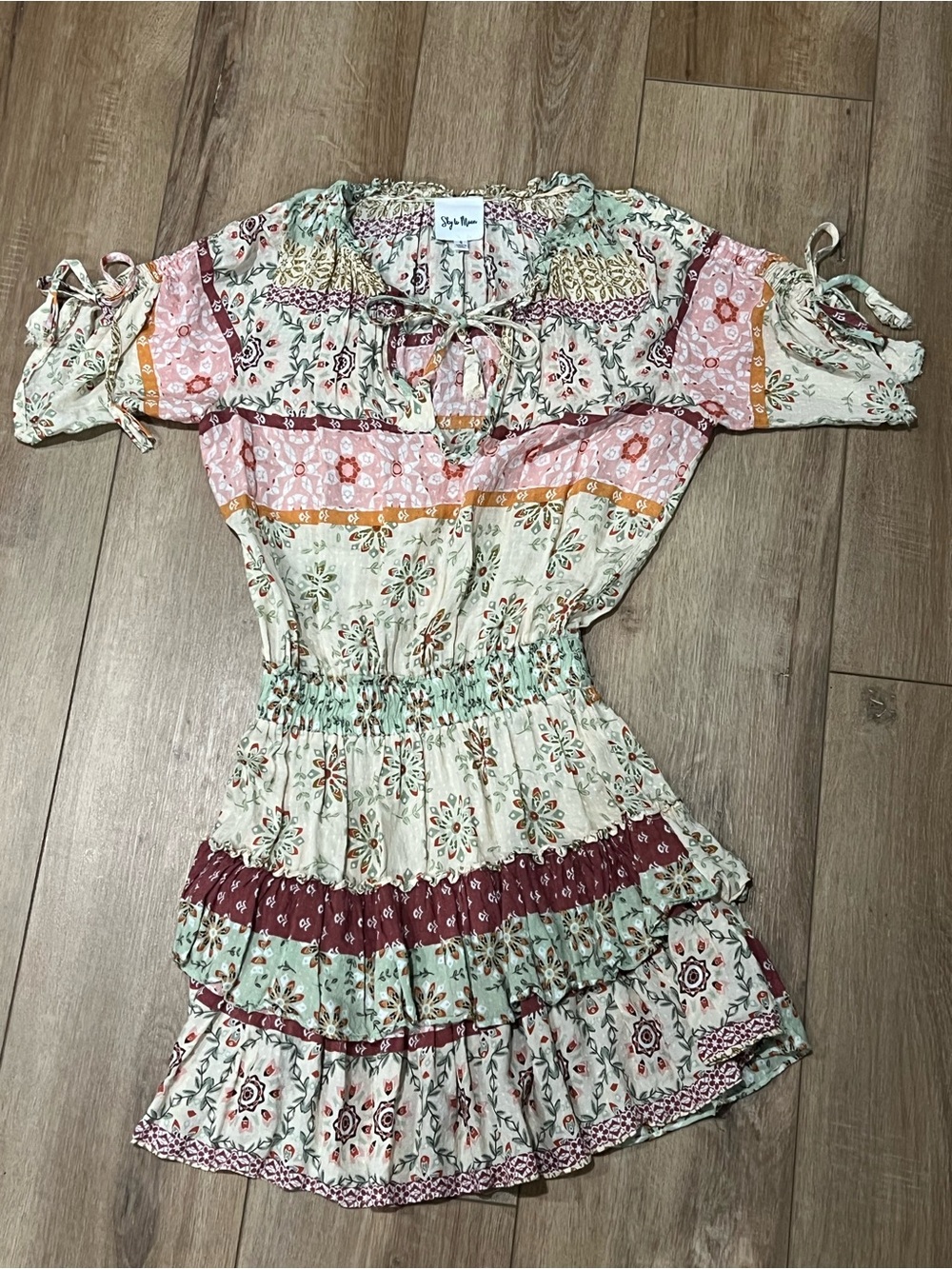 Sky to Moon Boho Floral Tiered Mini Dress in Cream, Pink & Mint Small